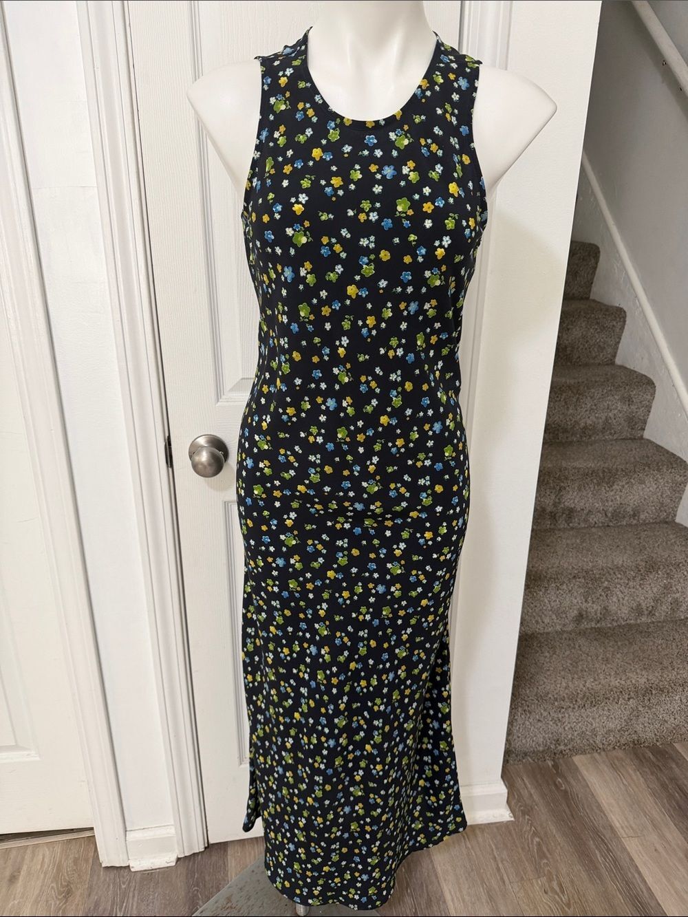 My Michelle Black Sleeveless Maxi Dress with Blue and Yellow Floral Print